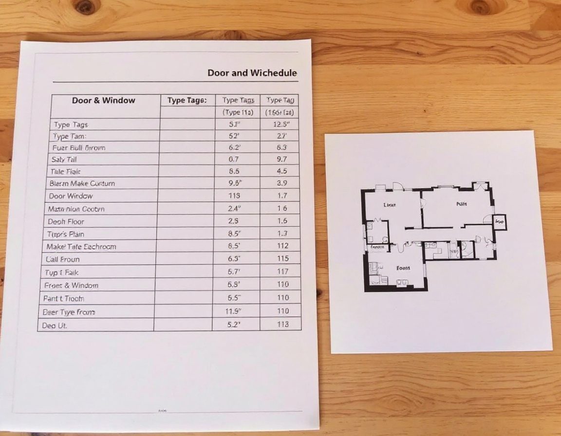 A door and window schedule table beside a floor plan.