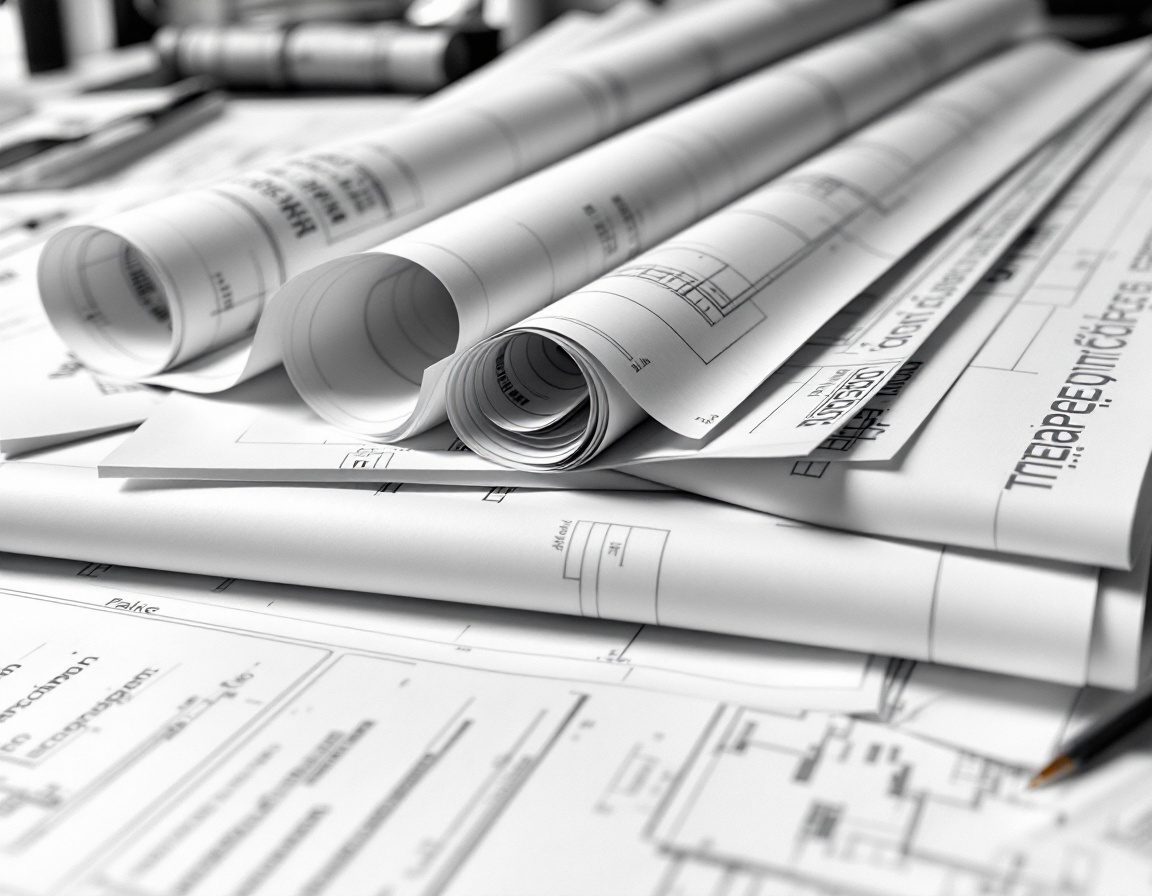 A rolled set of working drawings on a studio desk.