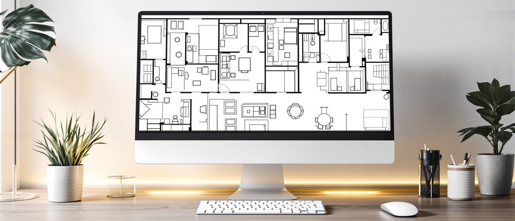 A close-up of a computer screen showing a detailed CAD floor plan being drafted — clean walls, doors and furniture outlines in progress, a mouse and stylus beside the keyboard, warm light, no people, no legible text.