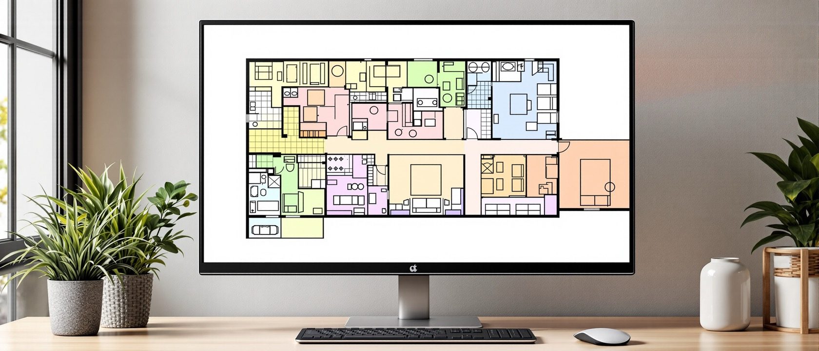 A monitor showing a fully organised CAD interior floor plan with furniture symbols, dimensions, hatched walls and layered colours, neatly annotated, warm office light, no people, no legible text.