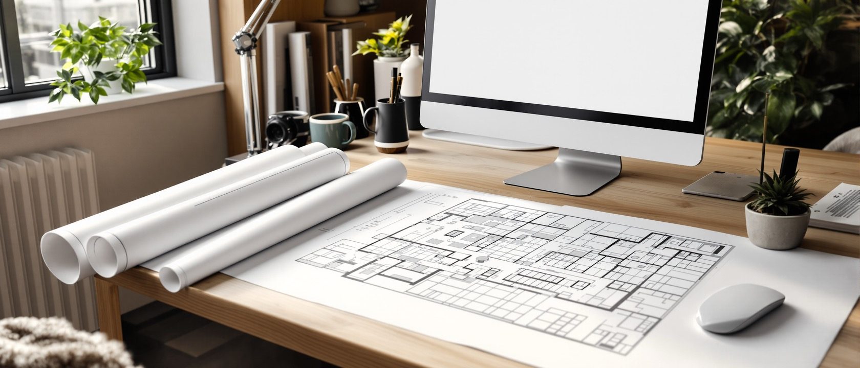 A monitor showing a CAD layout sheet with a titled border, a scaled floor plan in one viewport and a detail in another, beside a printed plotted drawing on the desk, warm office light, no people, no legible text.