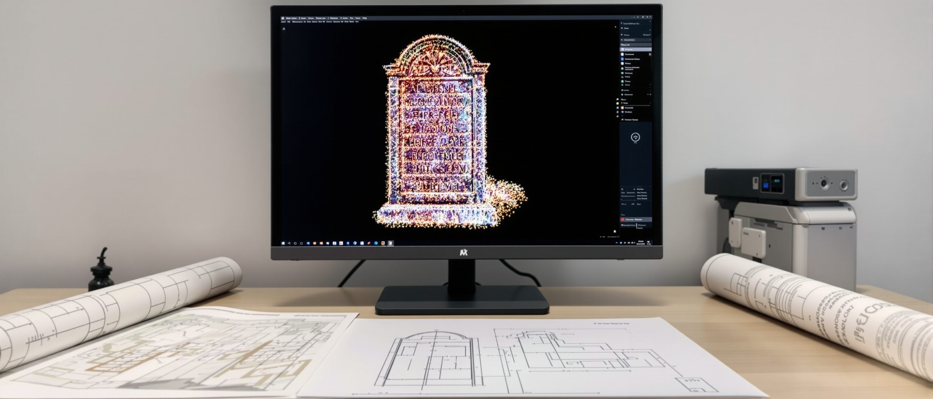A conservation office desk with a laptop displaying a dense 3D point-cloud model of a monument beside a printed measured drawing and an orthophoto, the record being assembled, no people, no readable text.