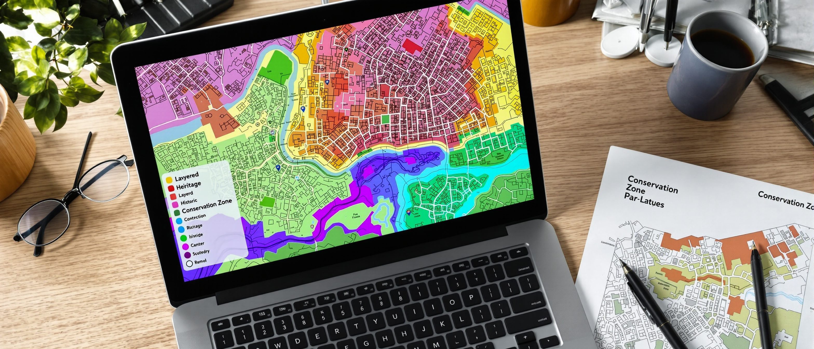 A laptop on a desk showing a GIS map of a historic city with coloured heritage layers overlaid on an old map, beside a printed conservation-zone plan, no people, no readable text.