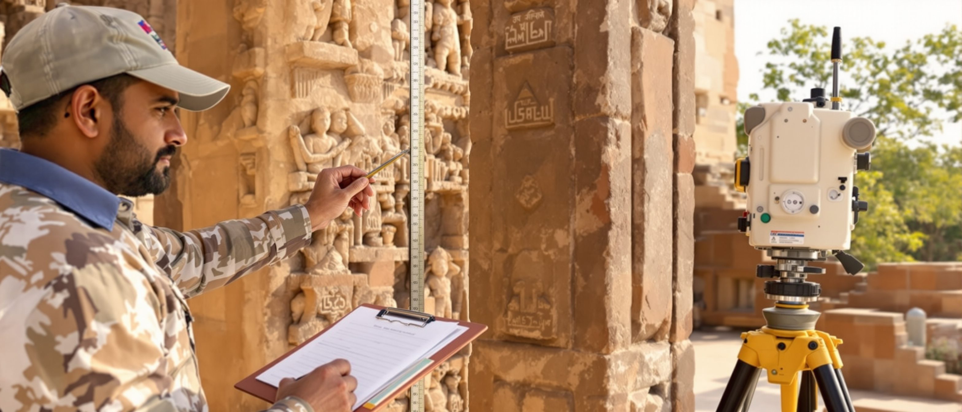 A heritage surveyor measuring a carved stone column of an old monument with a folding rule and notebook, a tripod-mounted total station standing nearby, warm daylight.