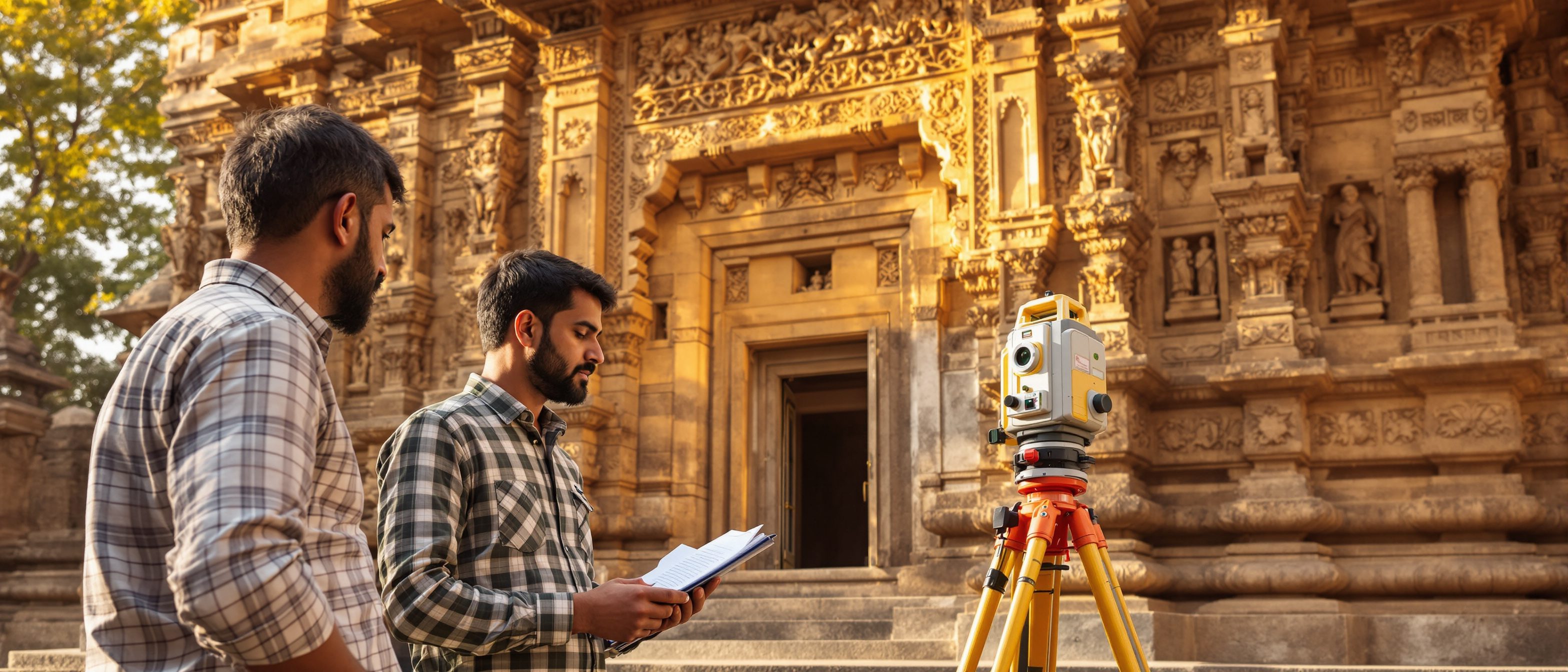 A conservation team documenting an old Indian stone temple — a surveyor with a notebook and a tripod-mounted instrument before an intricately carved façade in warm light.