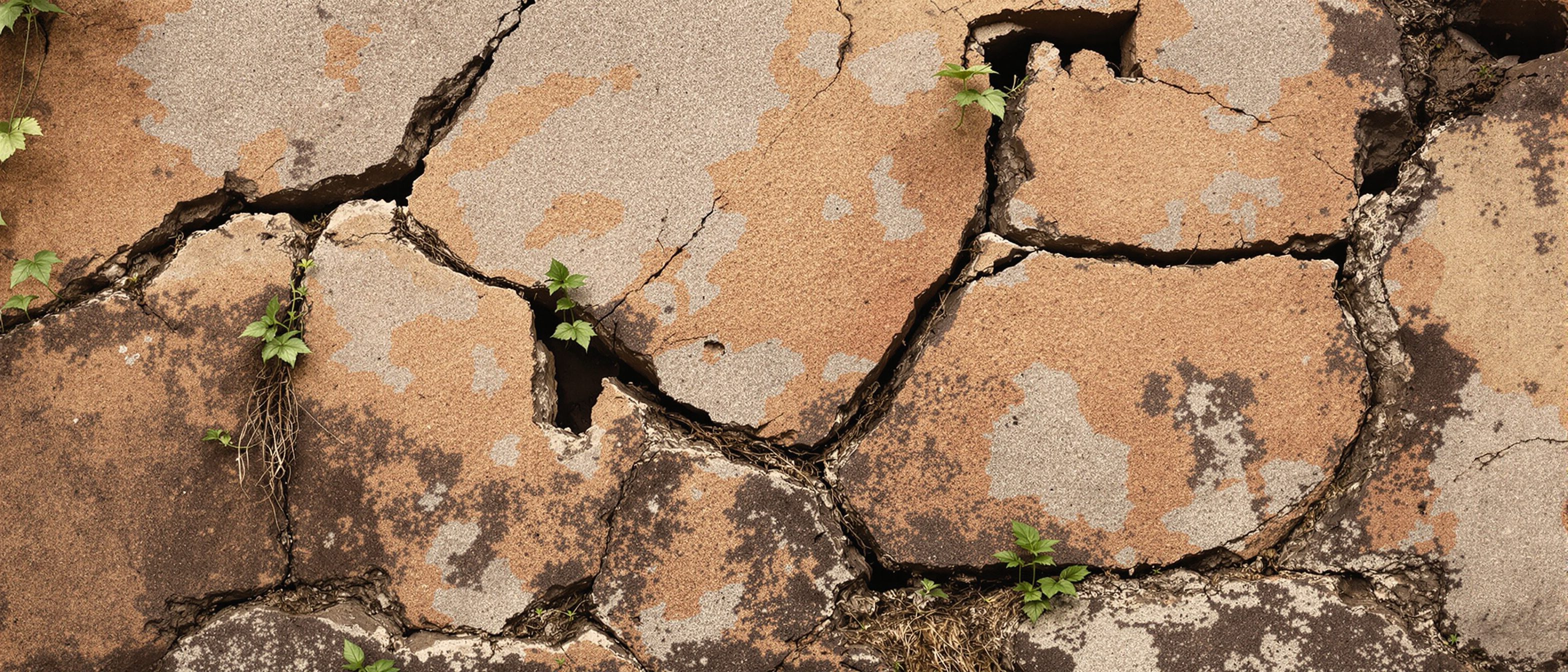 A close view of a deteriorating historic Indian monument wall showing cracks, vegetation growing from the joints, dampness staining and eroded carved stone — the kinds of defects a conservation condition assessment must diagnose.
