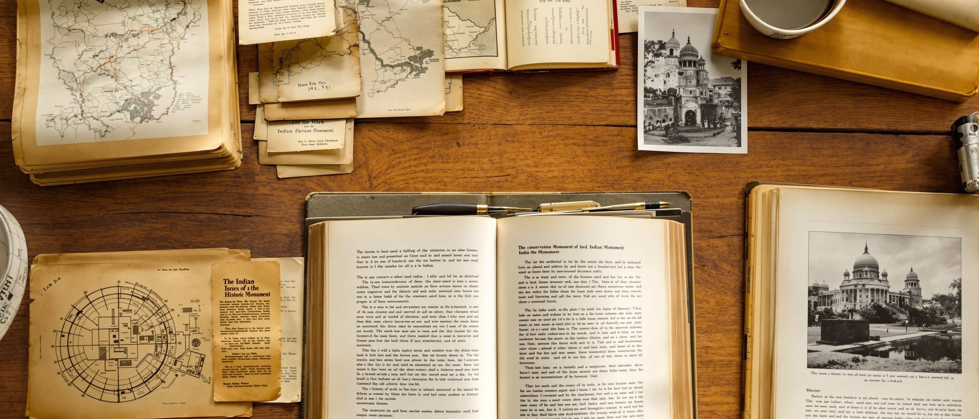 A conservation researcher's table spread with old archival maps, historic black-and-white photographs of a monument, measured drawings and reference books, the evidence-gathering that must precede any conservation work.