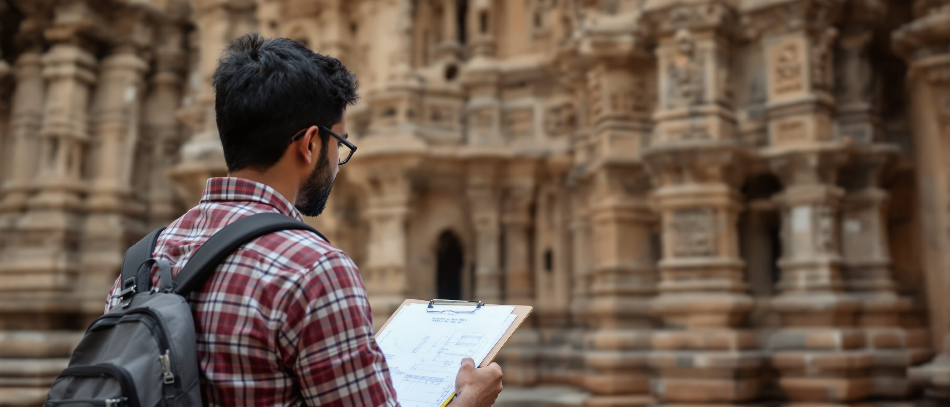 A student or conservator on site at a historic Indian monument with a measuring tape, a clipboard of measured drawings and a camera, carefully documenting the carved stone fabric of the building.