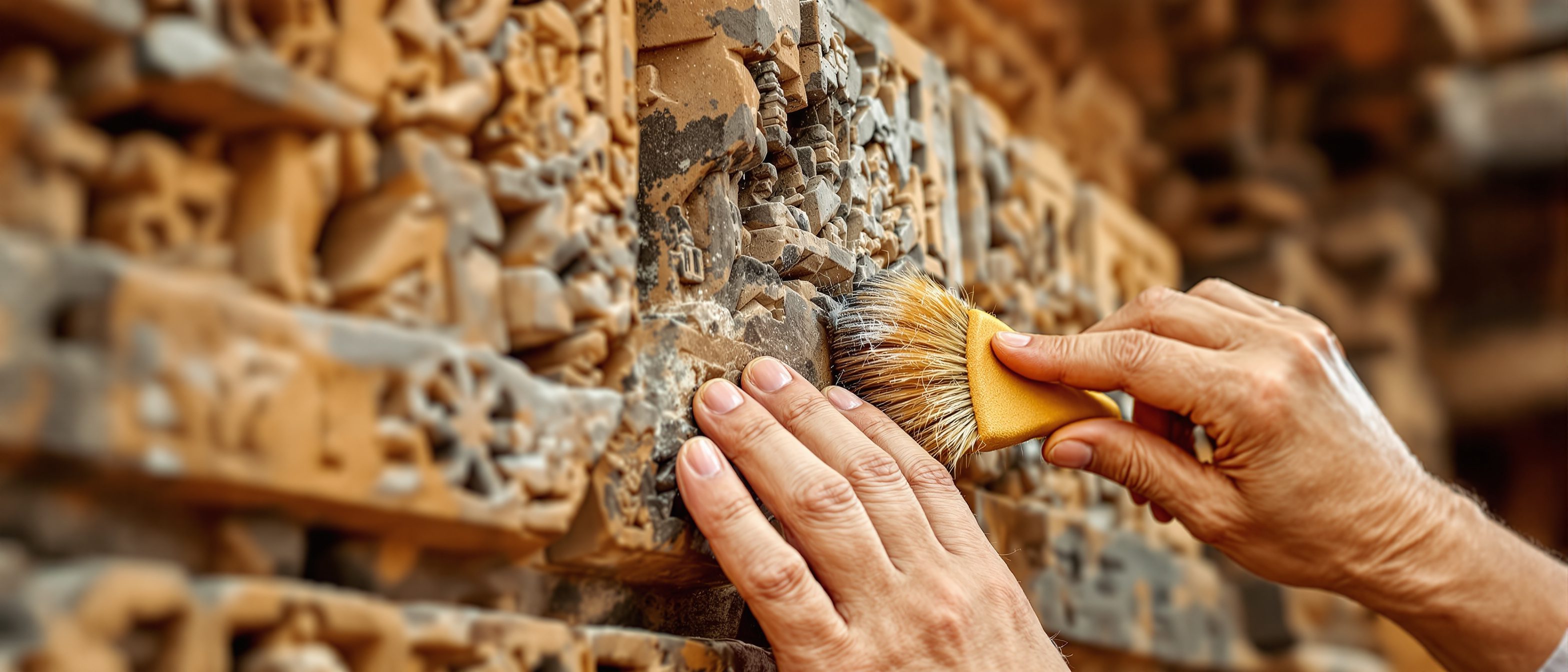 A conservator carefully cleaning the weathered carved stone surface of an ancient Indian temple with a soft brush, the delicate hands-on work of caring for heritage so it survives.
