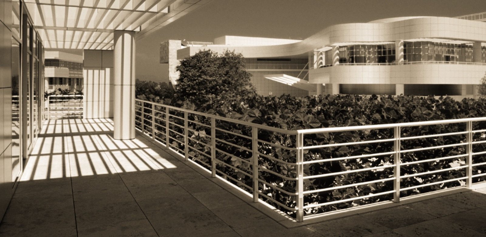 The Getty Center, Los Angeles (Richard Meier, 1997) — travertine and aluminium white rationalism on its hilltop.