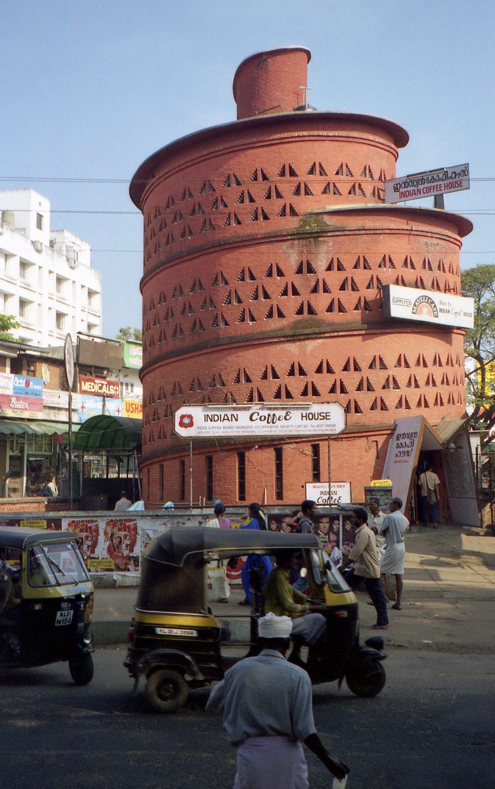 The Indian Coffee House, Thiruvananthapuram (Laurie Baker) — his spiralling tapered-brick tower with a continuous internal ramp, an icon of cost-effective architecture.