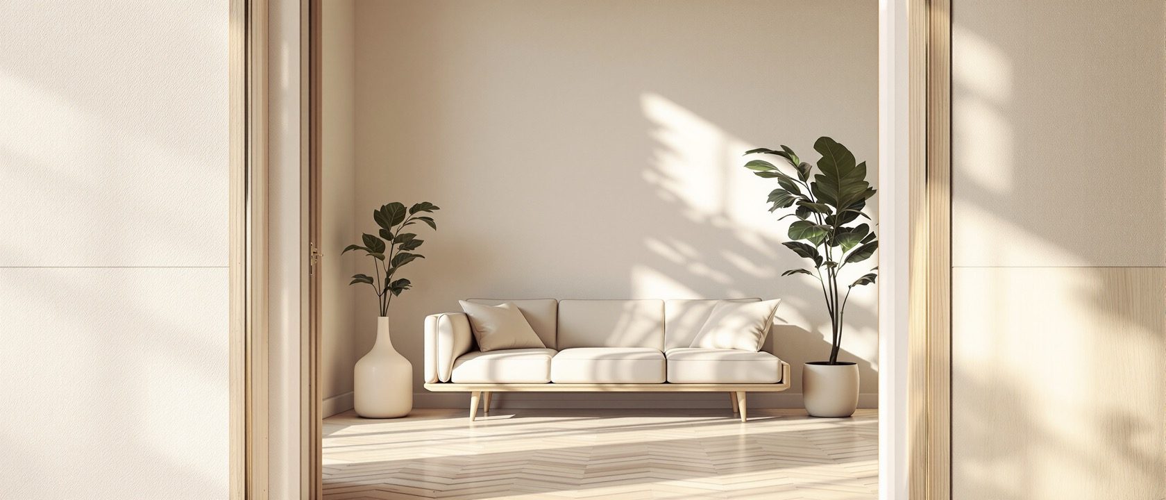 A calm contemporary living space seen from a doorway: layered daylight, mixed natural materials and a curated, restful composition