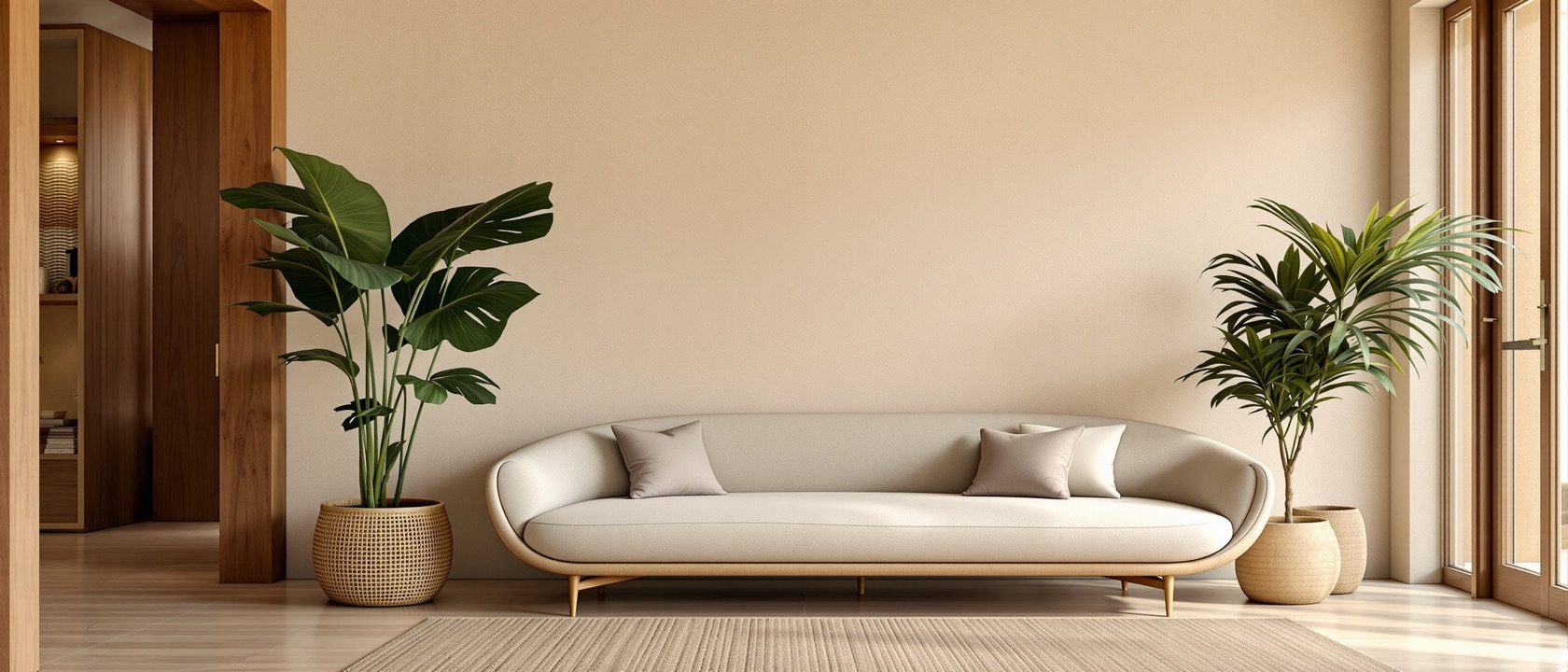 A warm contemporary Indian interior: lime-plaster walls, local stone and timber, a soft curved sofa and a large plant in soft daylight