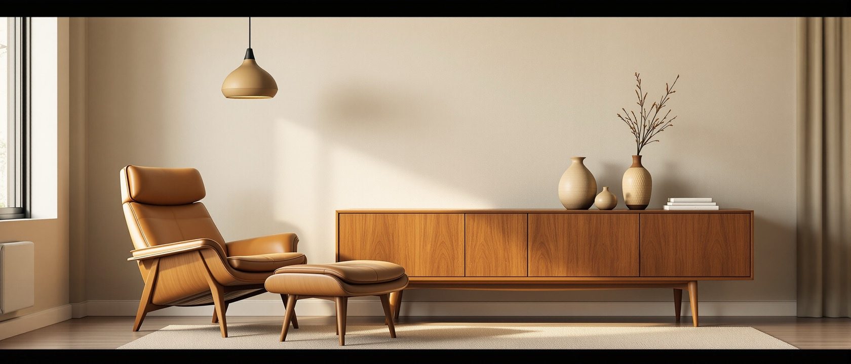 A warm mid-century modern living room: a moulded-shell lounge chair, a teak sideboard, a pendant lamp and a wide daylit window
