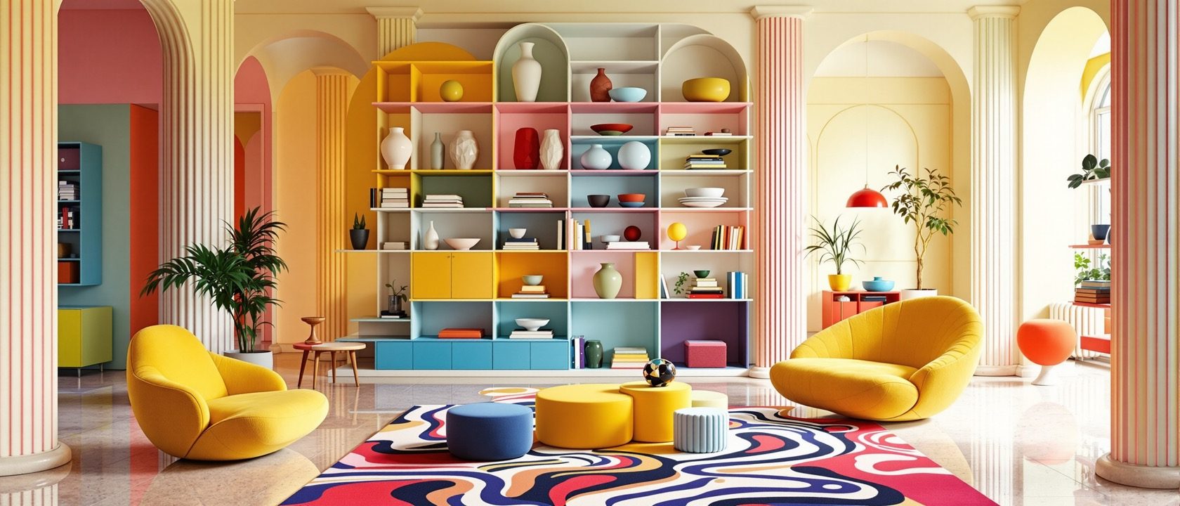 A bold postmodern interior: clashing laminate colour, a totem-like shelving unit and playful geometric furniture in a bright room