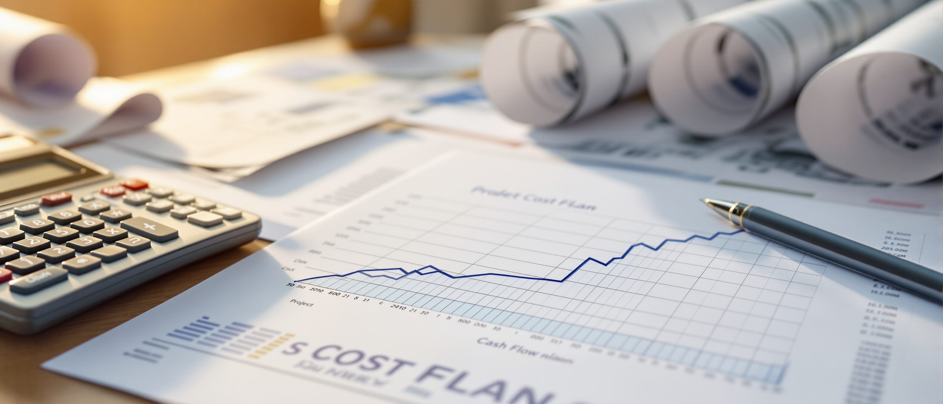 A project cost-management desk — printed cost plans, a rising S-curve cash-flow chart, a calculator and rolled drawings: money planned, budgeted, controlled and reported.
