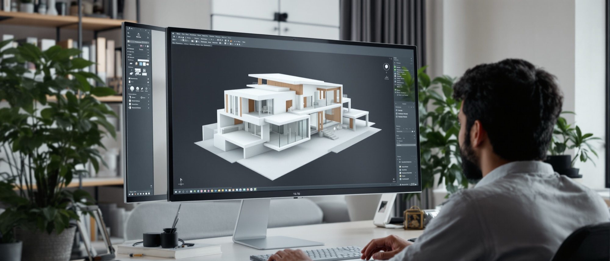 A detailed 3D building model with materials and textures applied — the result of the modelling workflow.