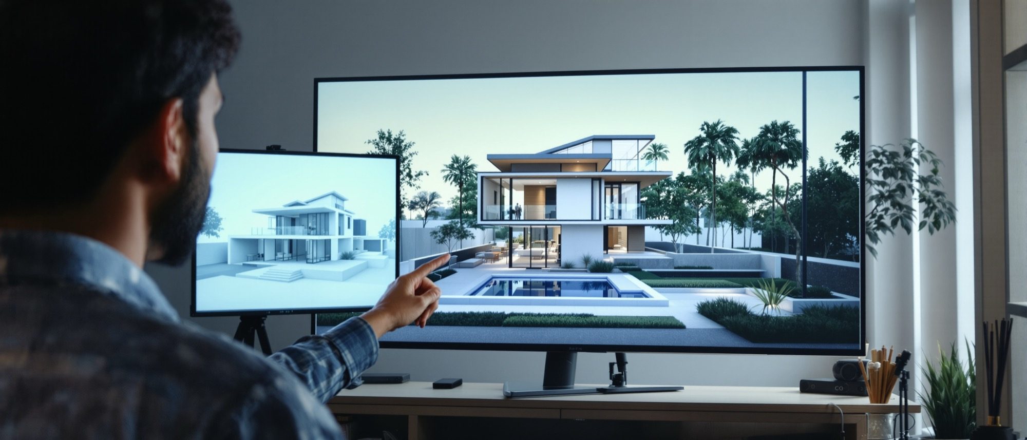 An AI-assisted architectural render of a residence — the capstone of the course, model plus AI visualization.