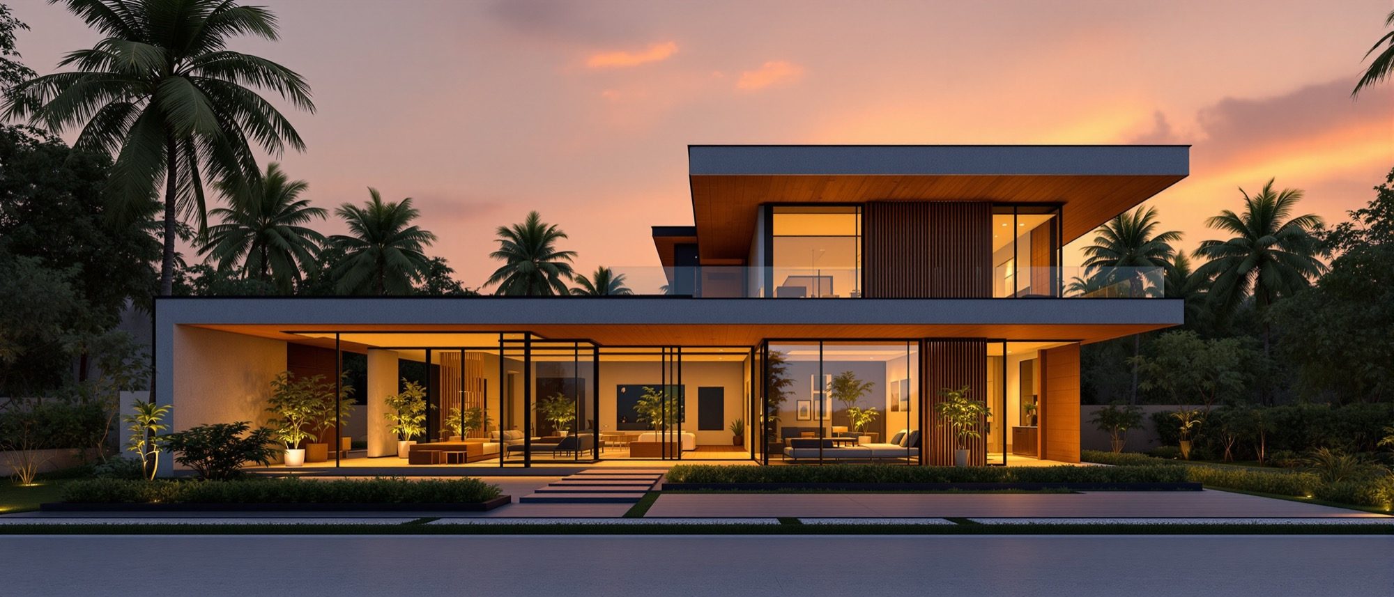 A photorealistic architectural render of a modern house at golden hour — the output of materials, lighting and a camera.