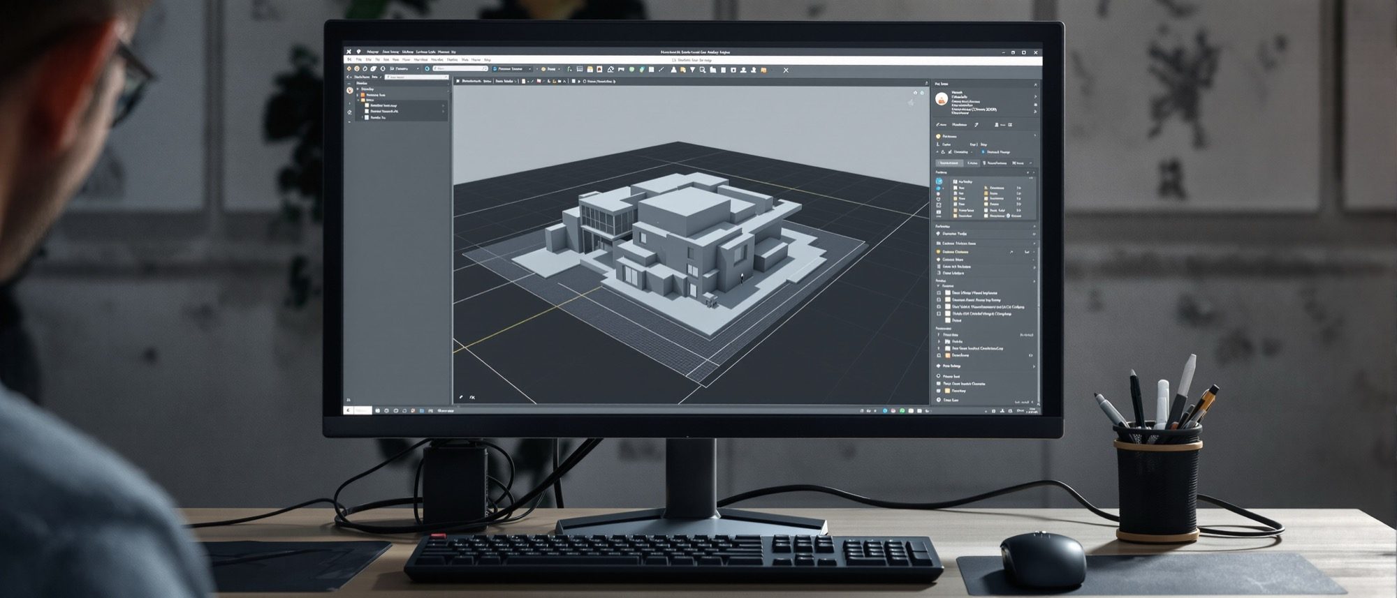 A 3D modelling workstation — the software viewport, tool palette and a model in progress on screen.