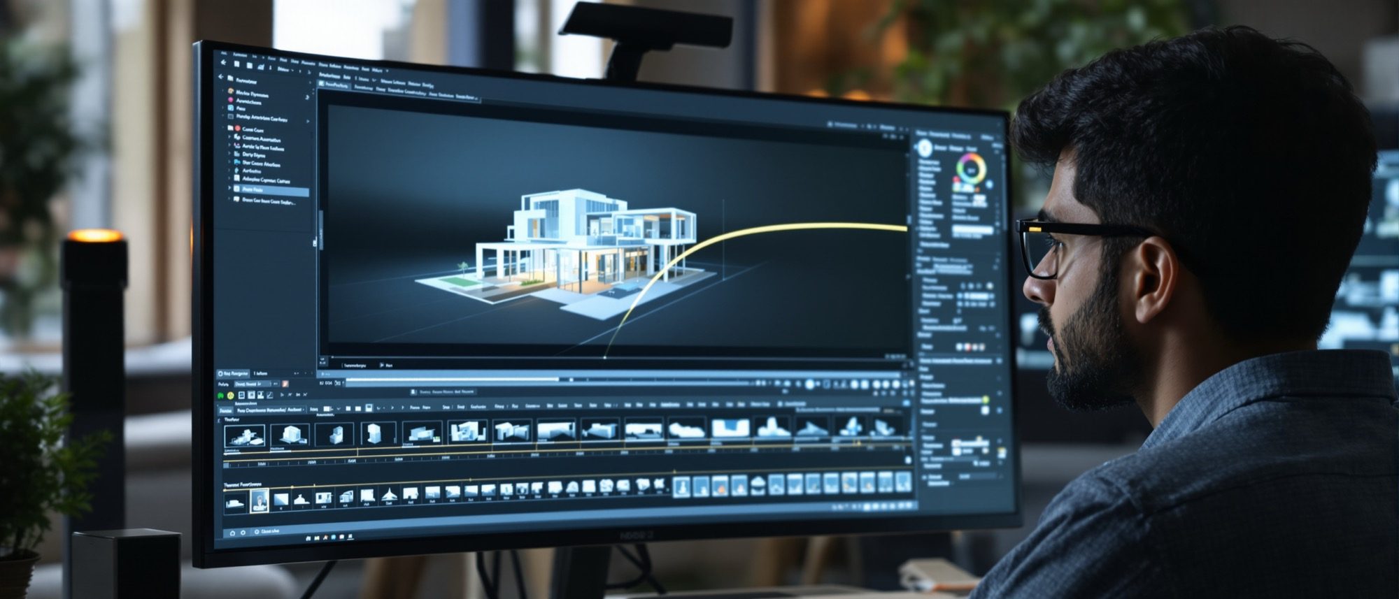 A student building an architectural walkthrough — a 3D model with a smooth camera path drawn through it and a timeline of frames along the bottom.