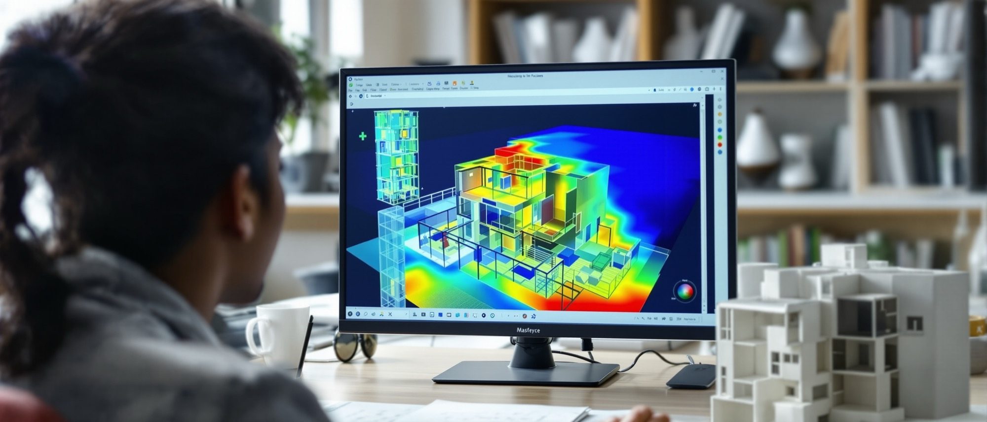 A daylight simulation on screen — a false-colour analysis map graded blue-to-red across a floor plan and façade, beside the 3D massing model.