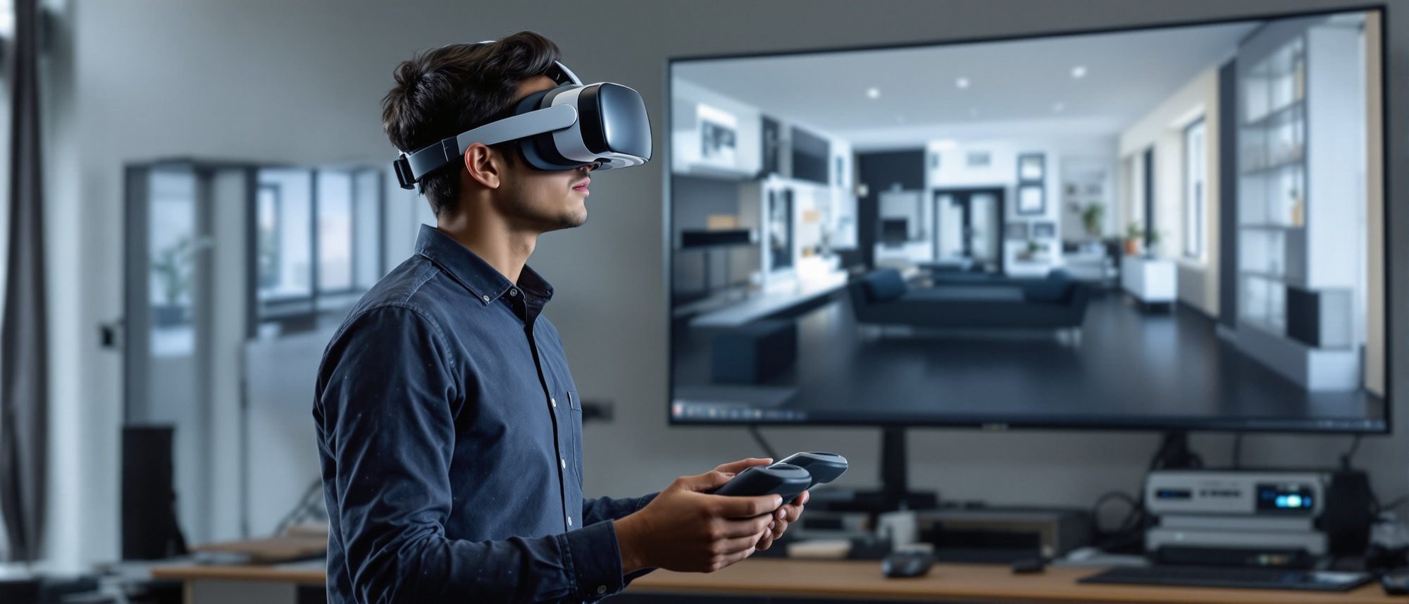 A student exploring an architectural design in a virtual-reality headset, the same interior shown on the monitor behind — immersive review at full scale.