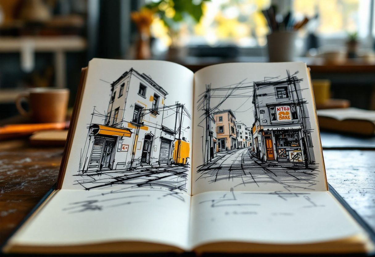 The same street corner as photograph, gesture sketch, analytical line drawing, and rendered study.