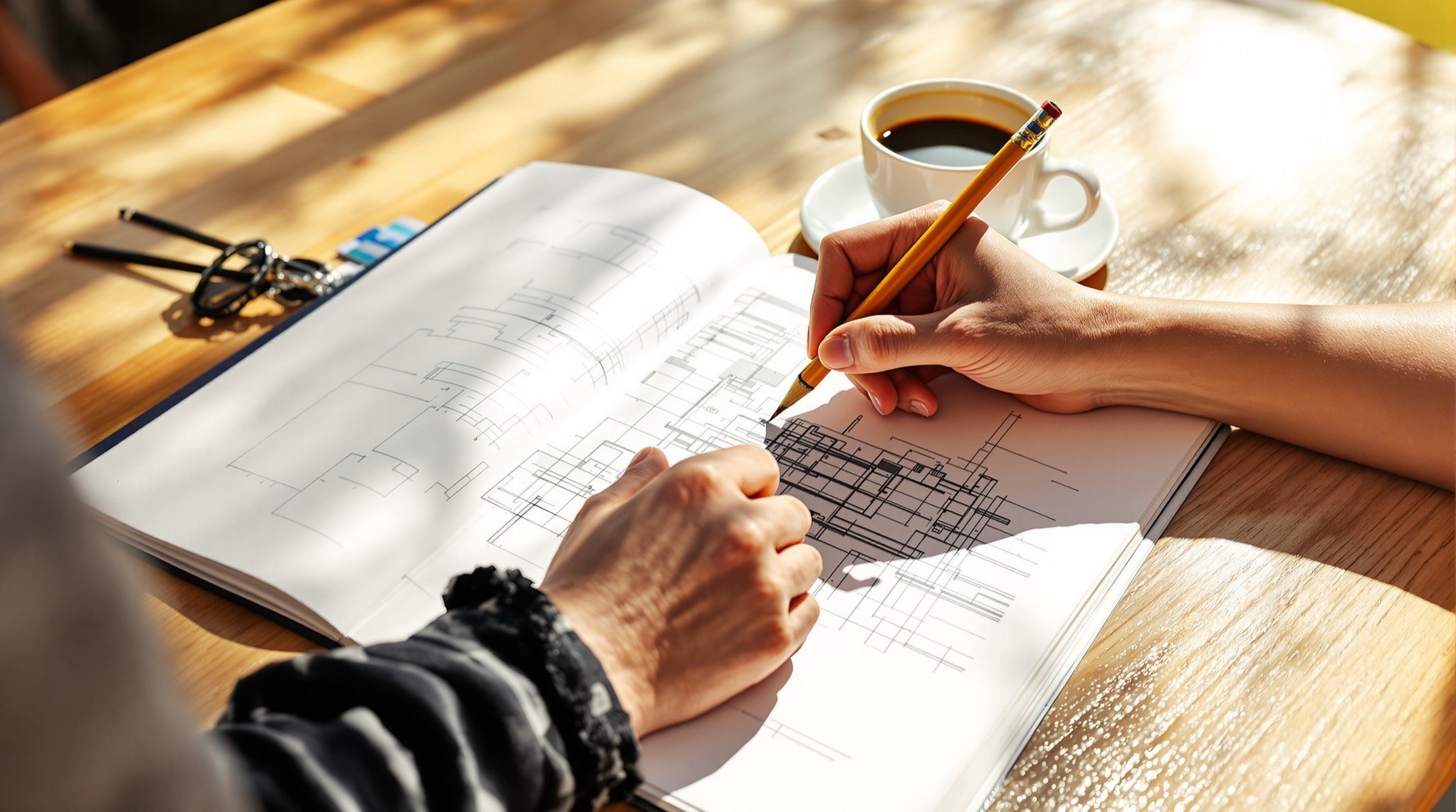 Draw from life — sketching at a sunlit café table.