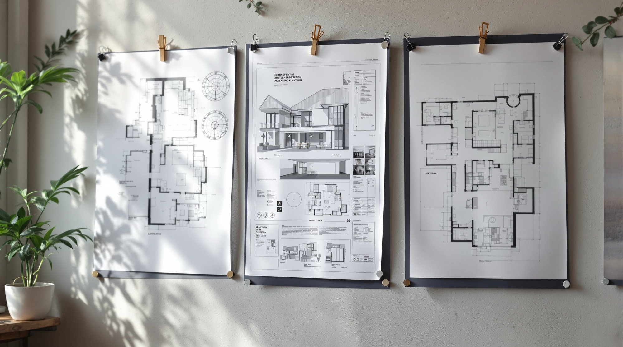 Presentation boards on a studio wall.