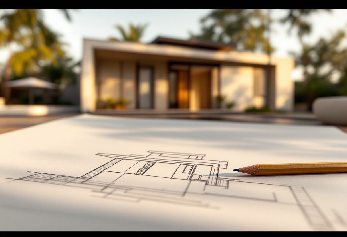A simple house beside its three-primitive massing sketch.