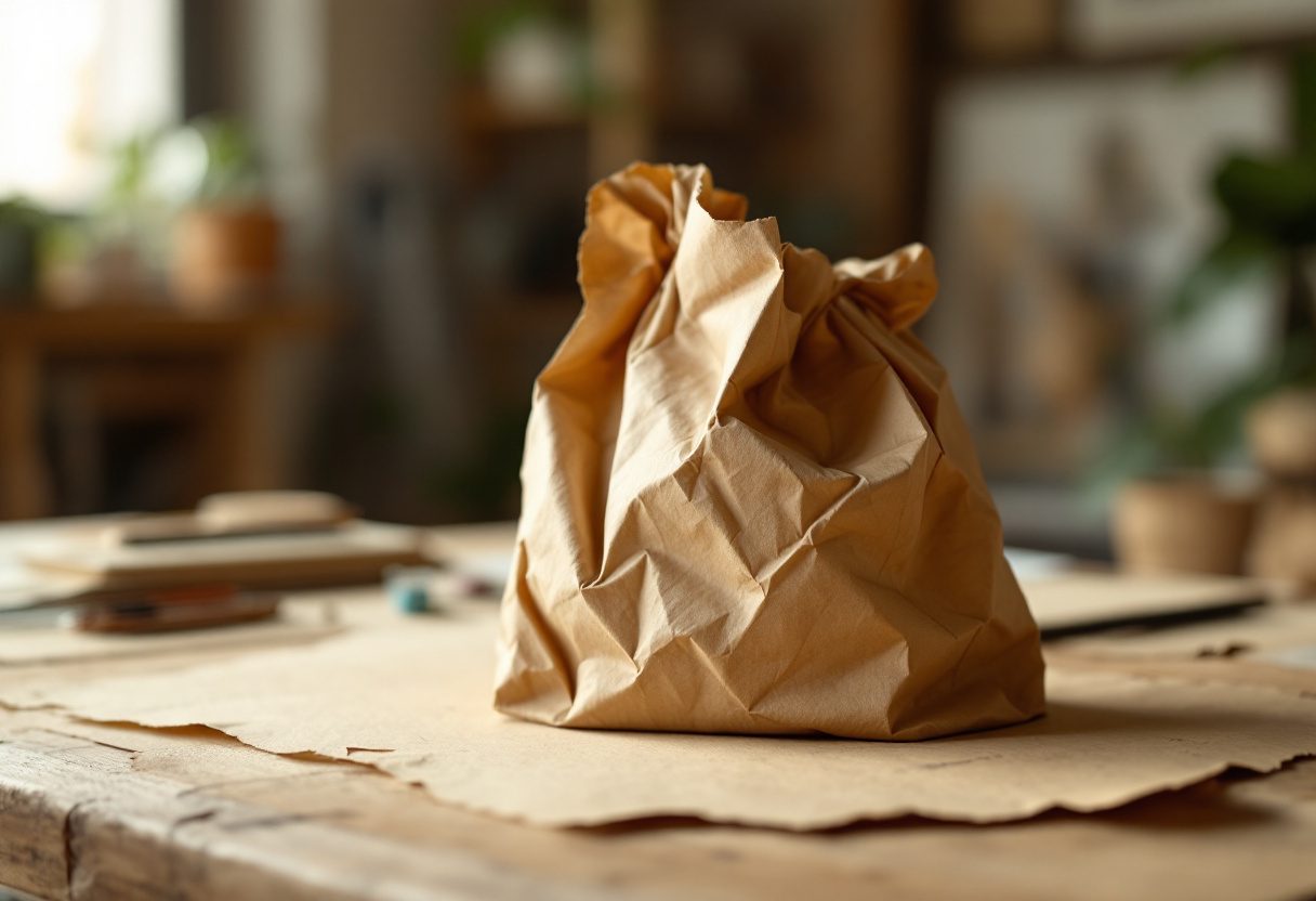 A contour drawing of a paper bag at four stages.