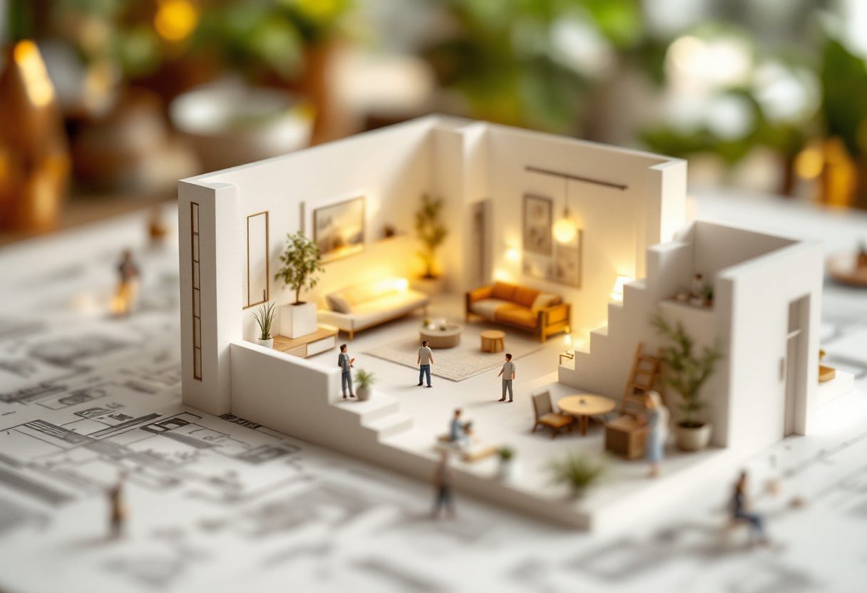 A cutaway axon of a furnished room with people for scale.