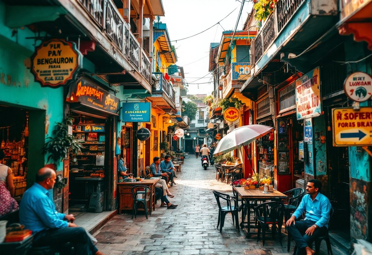 A street arcade with traced convergence overlays.