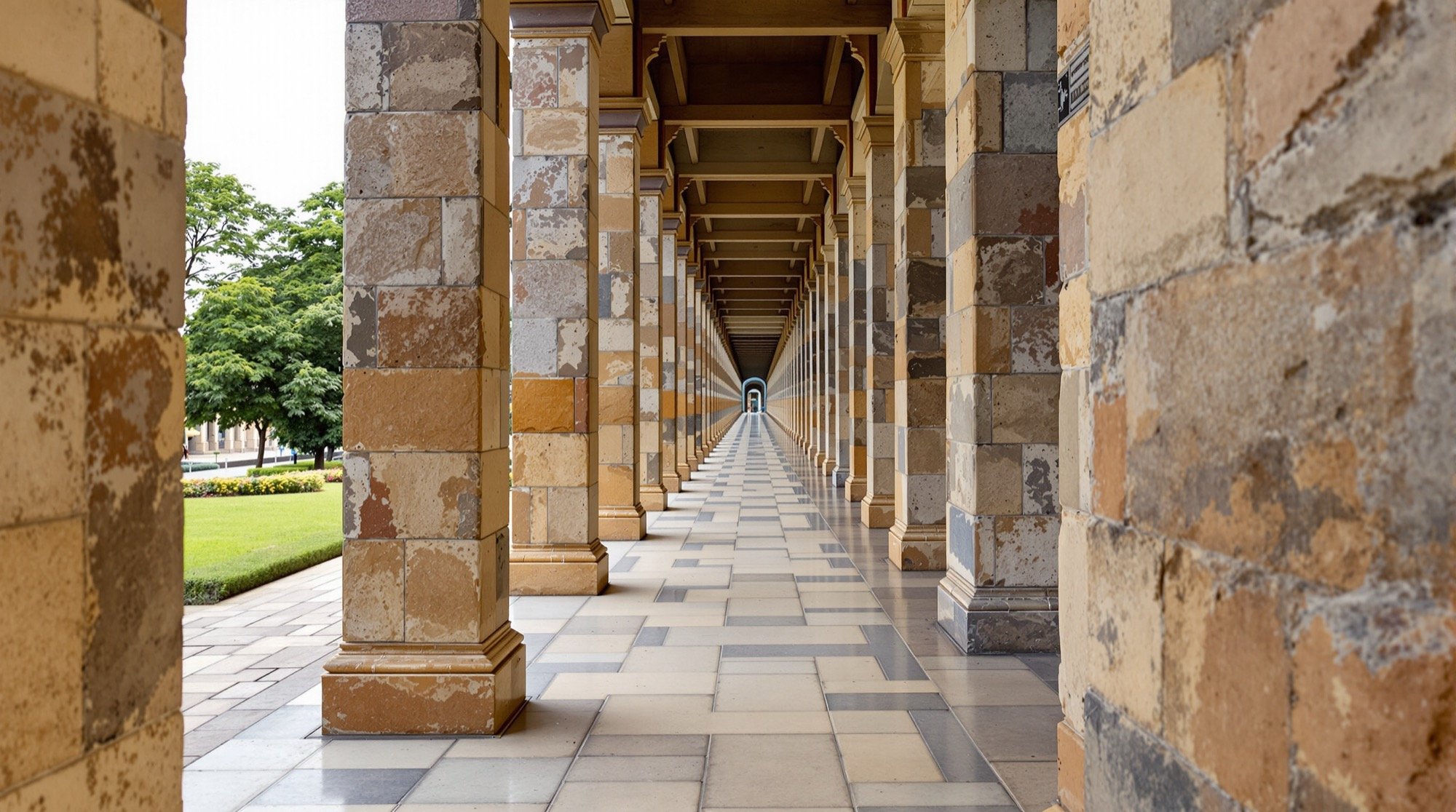 A colonnade receding — one-point in the world.