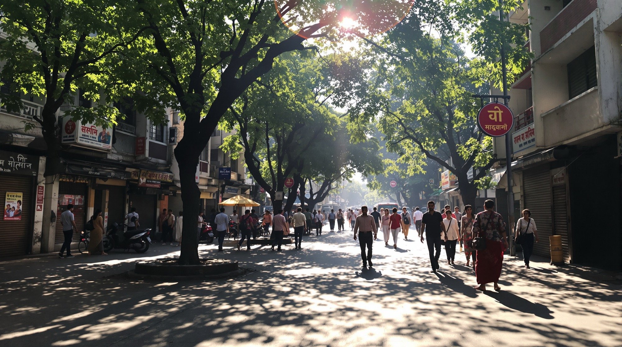 A sunlit street — shadow, people and context to render.