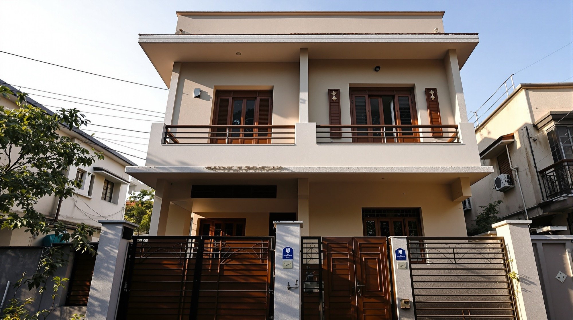 A house façade in raking light — read the relief.