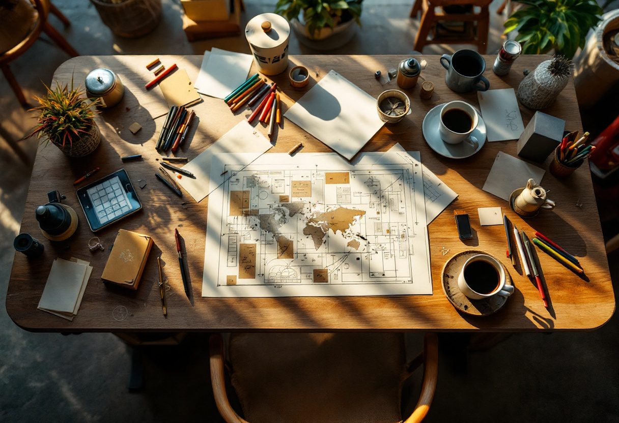A designer's desk mid idea-sprint: trace, markers, coffee ring and all.