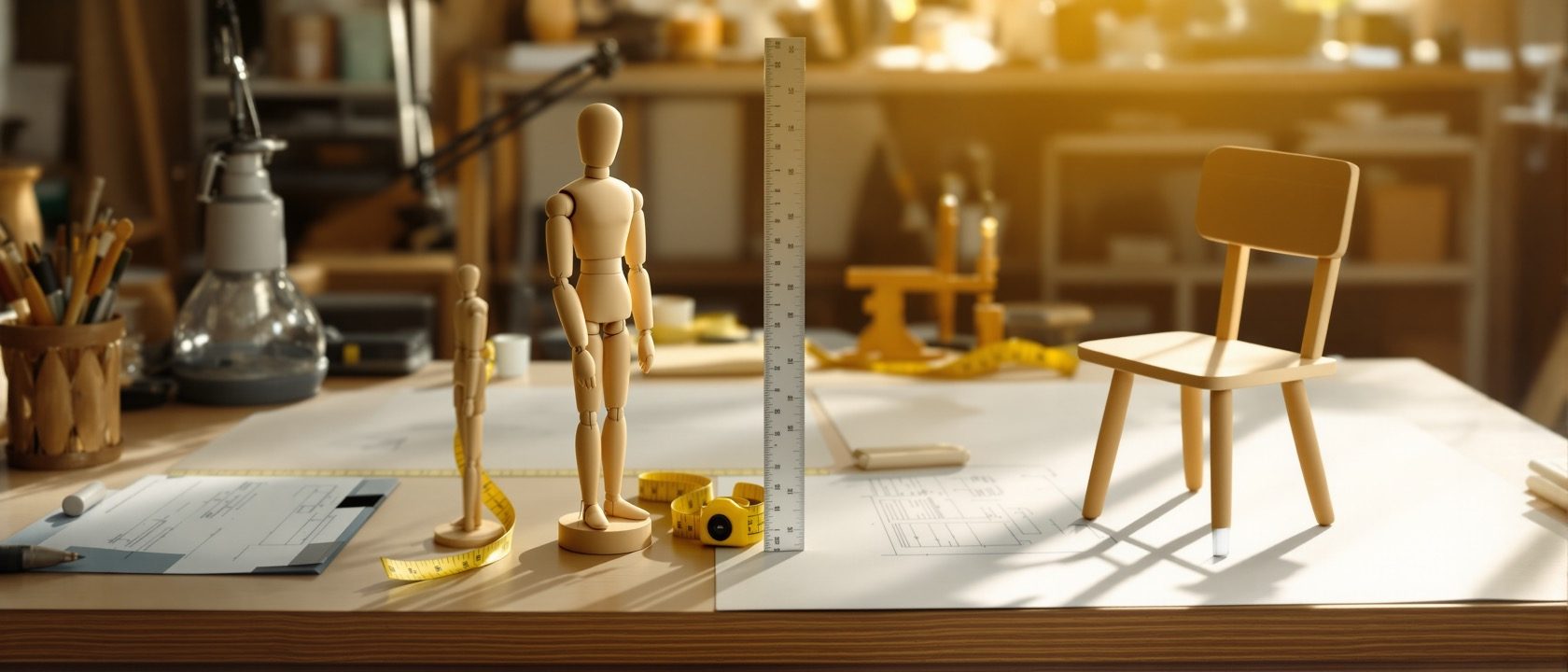 A design-studio desk arranged for an anthropometry study — a small wooden artist's mannequin, a folding scale rule, a measuring tape and a scaled chair model in warm daylight.