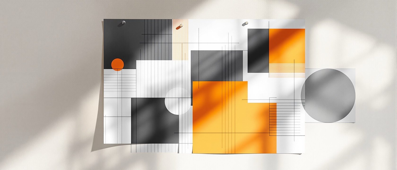 A composition study pinned to a studio wall — a 3×3 grid overlaid on an arrangement of shapes showing balance, a clear focal point and rhythmic repetition.