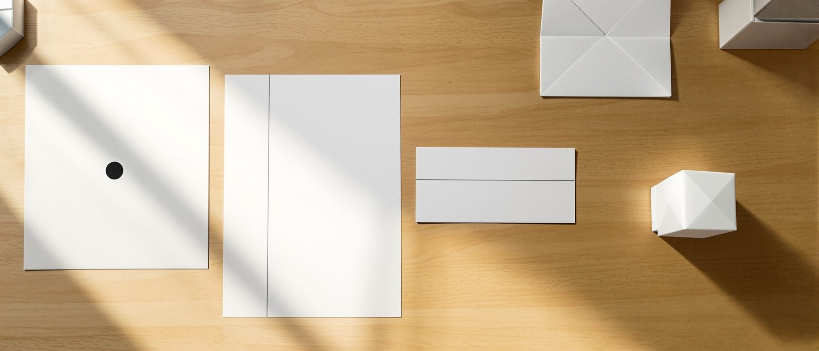 A foundation-studio table — a black dot, ruled lines, cut paper planes and a small folded paper volume laid out in sequence: the geometry of design from point to volume.