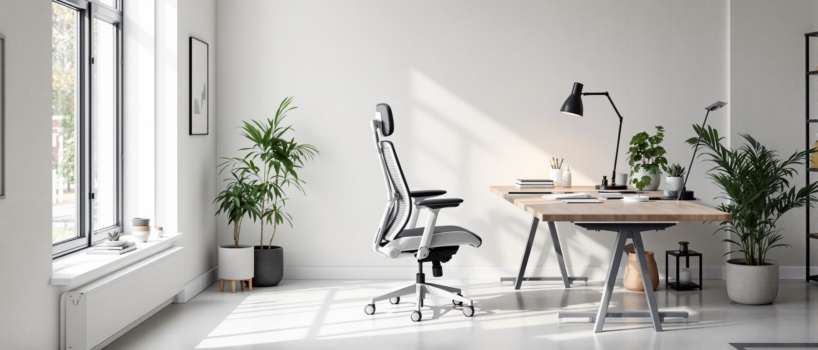 An ergonomic study corner — an adjustable task chair drawn up to a height-adjustable desk in a bright modern design studio, side-on, showing the neutral seated posture it is shaped for.