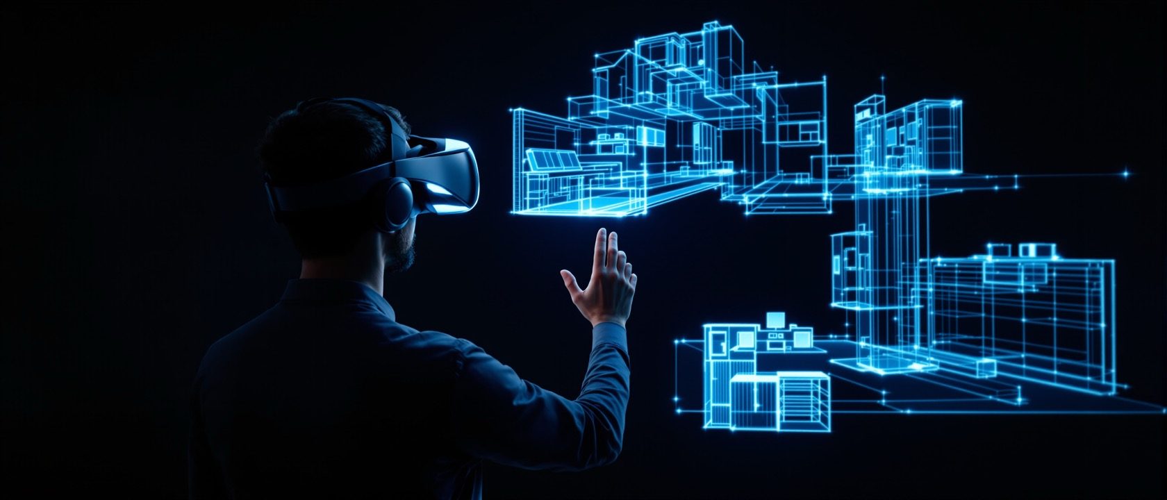 A person wearing a virtual reality headset gesturing in a bright studio with an abstract glowing 3D interior model floating before them, no legible text, modern and immersive