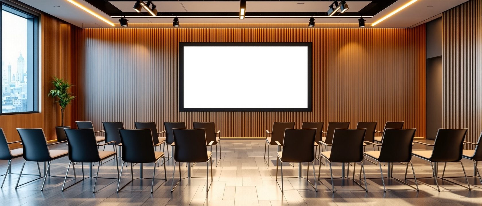 A design studio seminar space with a large screen showing an abstract technology diagram and empty chairs arranged for discussion, warm daylight, no people, no legible text