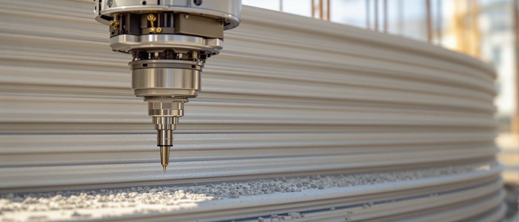 A large construction 3D printer extruding curved concrete walls of a small building layer by layer on a site, warm daylight, modern and technical, no people, no legible text