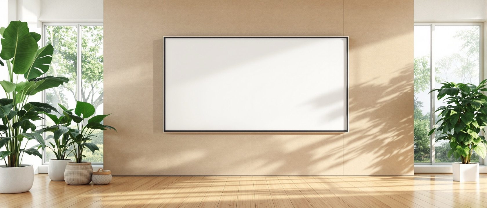 A bright sustainable interior with large daylit windows, a small wall energy monitor and smart controls, and lush plants, warm and efficient, no people, no legible text