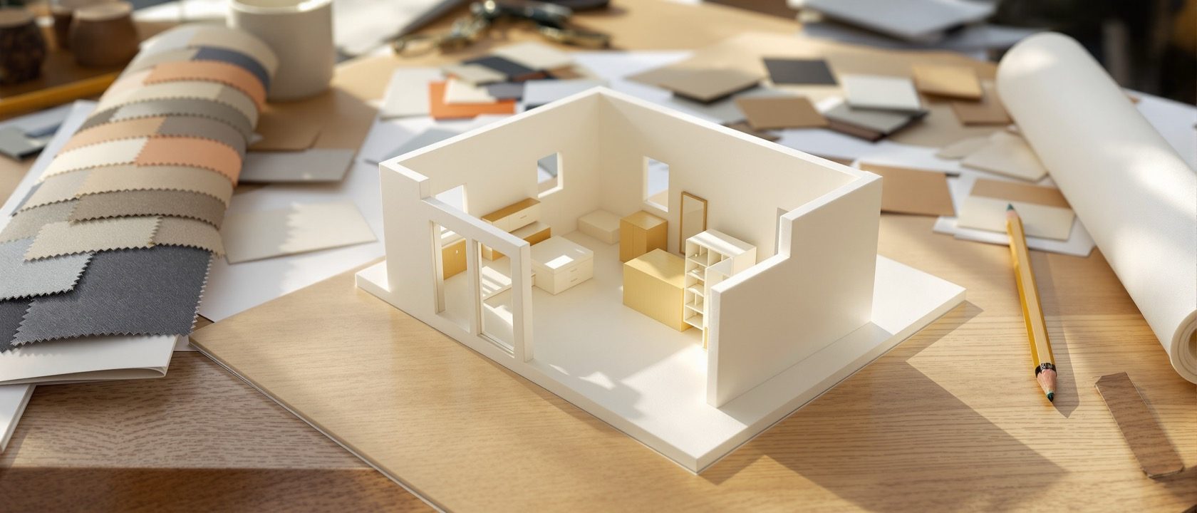 A foam-board scale model of a room interior beside a material and mood board with fabric, timber and paint samples on a studio desk, sketches and a marker alongside — interior prototypes built to learn, no people, no legible text.