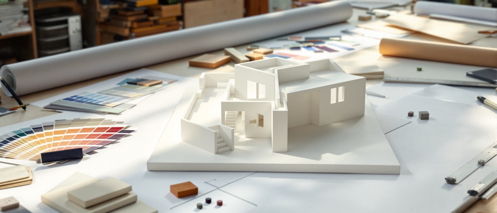 A design-thinking process presentation pinned across a studio wall — research photos, an empathy map, concept sketches, a mood board, scale-model photos and a final interior render arranged left to right as one story, no people, no legible text.
