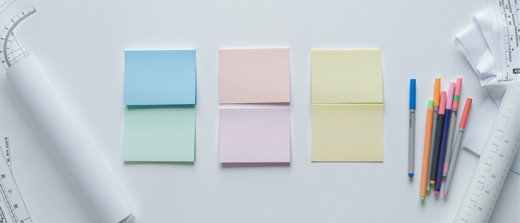 A studio wall of clustered coloured sticky notes forming an affinity diagram beside a hand-drawn radial mind map and a journey-map curve on paper, markers on the ledge, bright light — design-thinking tools in use, no people, no legible text.