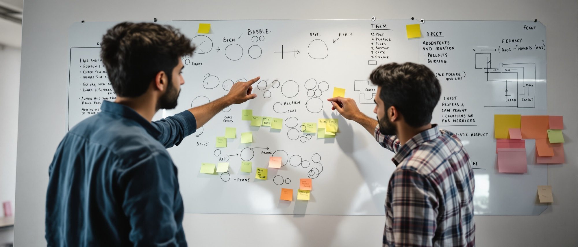 Architecture students working through bubble diagrams and adjacency charts on a studio wall — programming a brief before design.